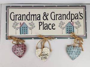 lot 142 image: Grandma & Grandpas Place Wooden Sign with Heart Ornament Tags