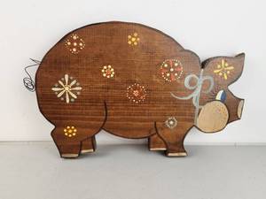 lot 143 image: Vintage Painted Pig Wood Wall Decor with Painted Floral Motifs