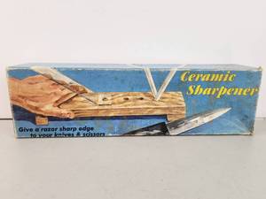 lot 148 image: Ceramic Sharpener V-Type with Wooden Base and Storage Vintage