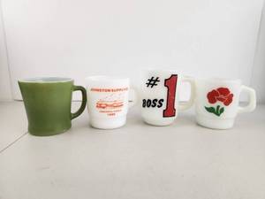 lot 169 image: Lot of 4 Vintage Fire King Mugs Johnston Supply Co Boss Flower