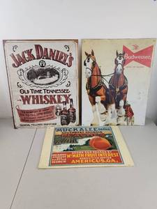 lot 172 image: Lot of 3 Vintage Metal Signs Jack Daniels Budweiser Muckalee Peaches