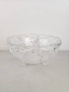 lot 180 image: Clear Glass Bowl with Cut Pattern and Three Feet Approximately 8 inches