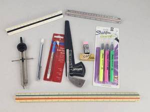 lot 192 image: Drafting Tools Lot Rulers Compass Pens Highlighters Pencil Leads