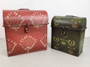 lot 195 image: Pair of Vintage Decorative Metal Storage Boxes with Hand Painted Floral Design