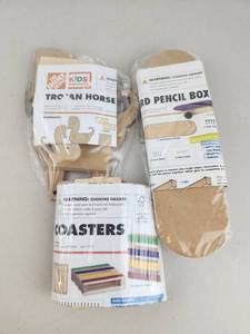 lot 231 image: Home Depot Kids Workshops Trojan Horse Pencil Box Coasters Build Kits Lot 3 New
