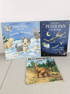lot 236 image: Childrens Picture Books Lot 3 Titles Peter Pan Say Hello Snowy Animals Brachiosaurus