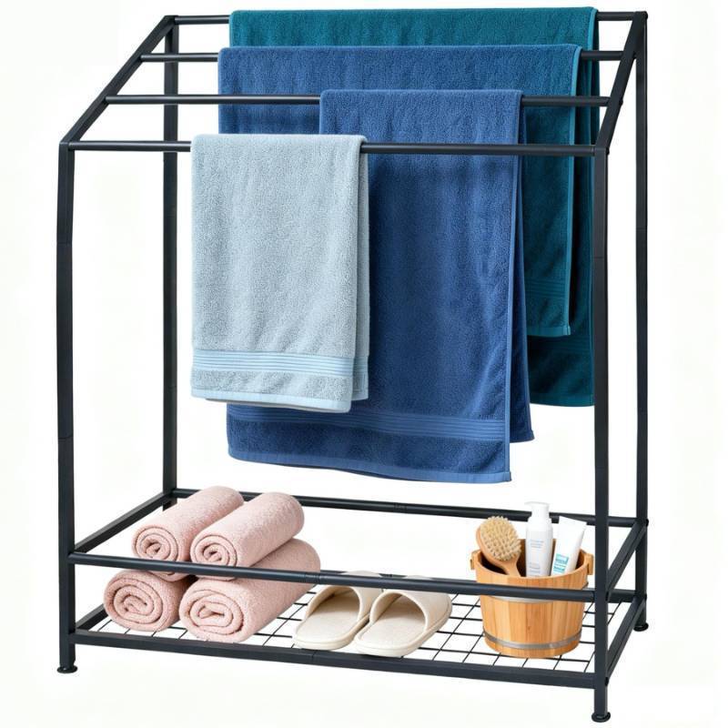lot 58634 image: Extra Wide 31.5 Inch Standing Towel Rack, Tall 40 Inch Free Standing Towel Rack with Storage Shelf, 4 Tier Towel Stand for Bathroom Outdoor Poolside - Retail $65