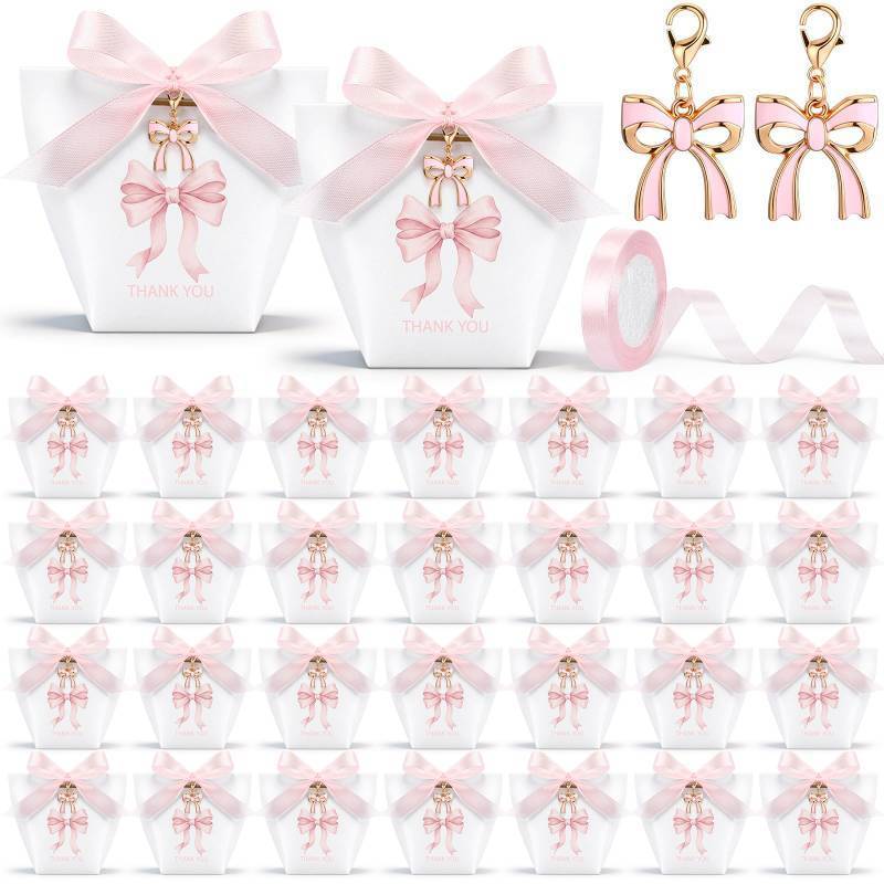 lot 58754 image: 30 Sets Pink Bow Favor Set Pink Bow Thank You Gift Bags with Ribbon and Bows Keychain Cute Coquette Candy Treat Bag Keychain Set for Wedding Birthday Baby Shower Valentines Day Party Supplies - Retail $16