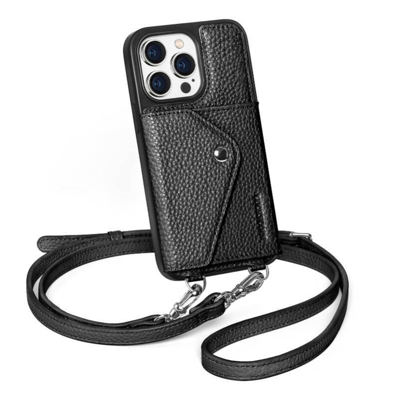 lot 58759 image: Crossbody Phone Case for iPhone 15 Pro,100% Genuine Leather Phone Wallet Case for Women, Premium Hands-Free Phone Purse with Expandable Flip Card Holder & Adjustable Strap - Pebble Black - Retail $36
