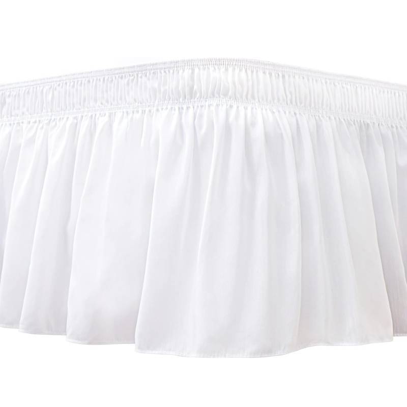 lot 58767 image: Wrap Around Bed Skirts for Queen Beds with Short Drop of 12, White Adjustable Elastic Dust Ruffles Easy Fit Wrinkle Resistant Silky Luxurious Fabric Machine Washable - Retail $16
