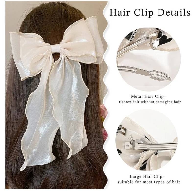 lot 58794 image: Large Hair Bow Clips for Women, Beige Bow Hair Barrettes with Long Tail French Hair Ribbon Clips Hair Accessories for Girls (Beige) - Retail $7