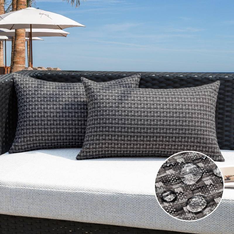 lot 58828 image: Kevin Textile Outdoor Waterproof Throw Pillow Covers Pack of 2 Boho Farmhouse Decorative Lumbar Cushion Covers for Garden Patio Tent Balcony Bench Couch Sofa 12x24 Inch, Dark Grey - Retail $17