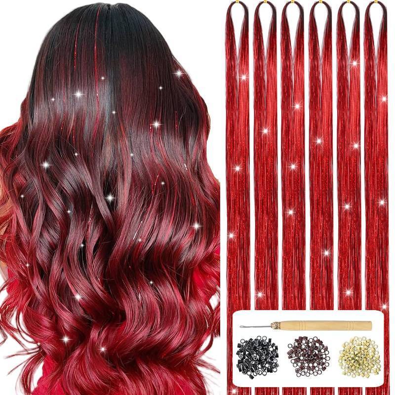 lot 58902 image: Hair Tinsel Kit With Tools 6Pcs 1200 Strands Red Tinsel Hair Extensions Heat Resistant Fairy Glitter Hair Extensions Sparkling Shiny Hair Accessories for Girls Women Kids (Red) - Retail $5
