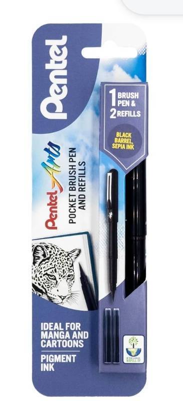 lot 58905 image: Pentel Sign Pen Pocket Brush Pen Black Barrel Sepia Ink 1 Brush Pen 2 Refills - Retail $0