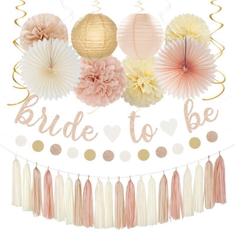 lot 58925 image: Champagne-Gold Beige Fall Bridal-Shower Party-Decorations - 36pcs Bride To Be Banner,Bachelorette Paper Lanterns,Wedding Streamers Garland,Boho Peach Tissue Pom Poms Flower Fan Decor Supplies Burgleda - Retail $20