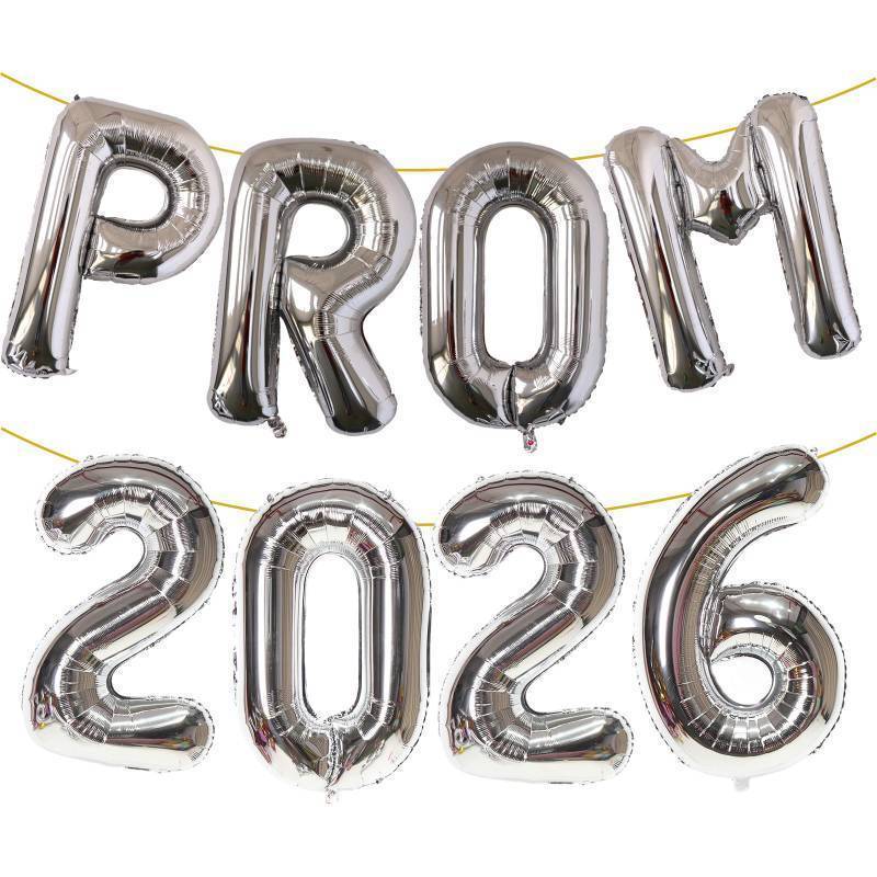lot 38458 image: KALOR Silver Prom 2026 Banner Balloons, 32 Inch Mylar Foil letter Graduation Balloons Grad Decoration for Graduation Party Decorations - Retail $9