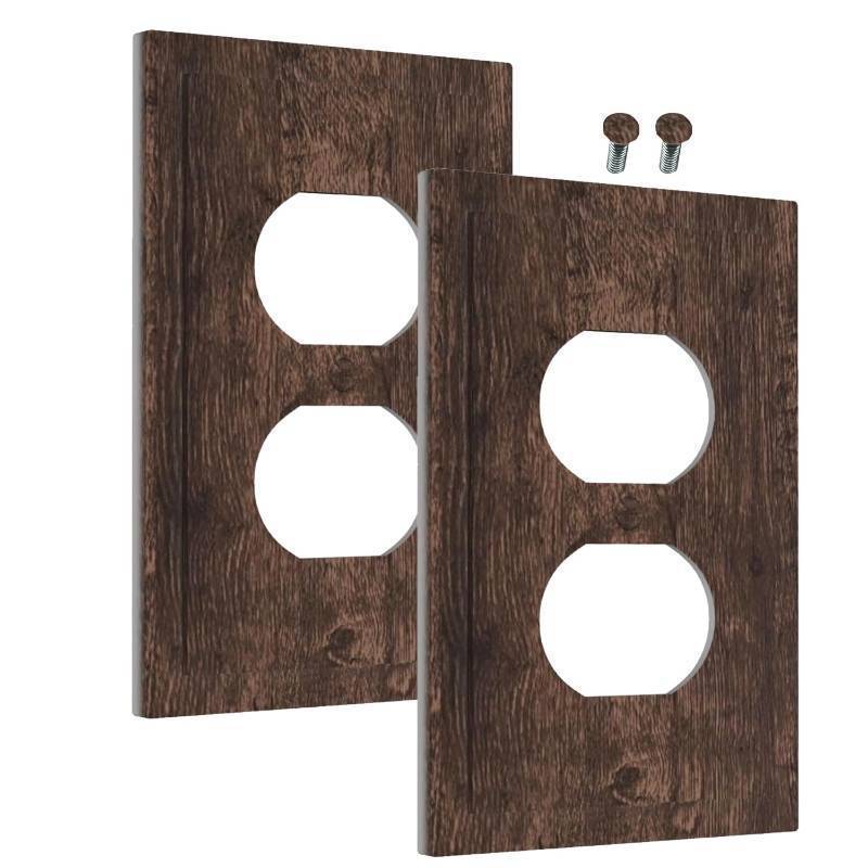 lot 38510 image: Decorative Outlet Covers Rustic Dark Brown Wood Grain Farmhouse Cabin 1 Gang Wall Plate Receptacle Duplex Light Switch Cover Plate Single Dual Plug Covers Electrical Switchplate (2 Pack) - Retail $18