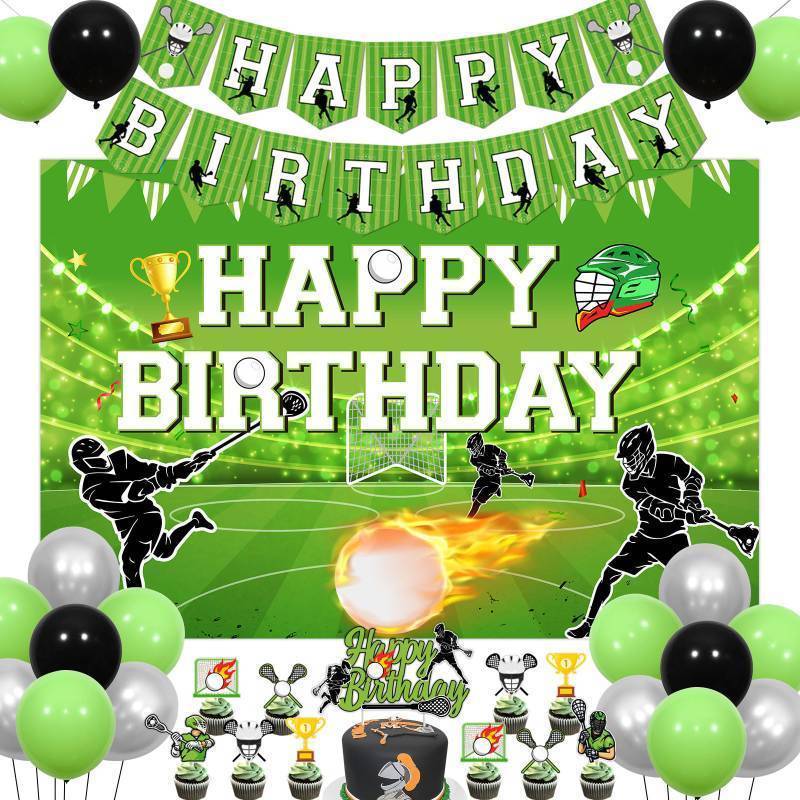 lot 38537 image: Lacrosse Birthday Party Decorations for Boys, Lacrosse Happy Birthday Decoration Backdrop Banner Silver Green Black Balloon Cake Cupcake Topper for Boy Sport Theme Birthday Party - Retail $22