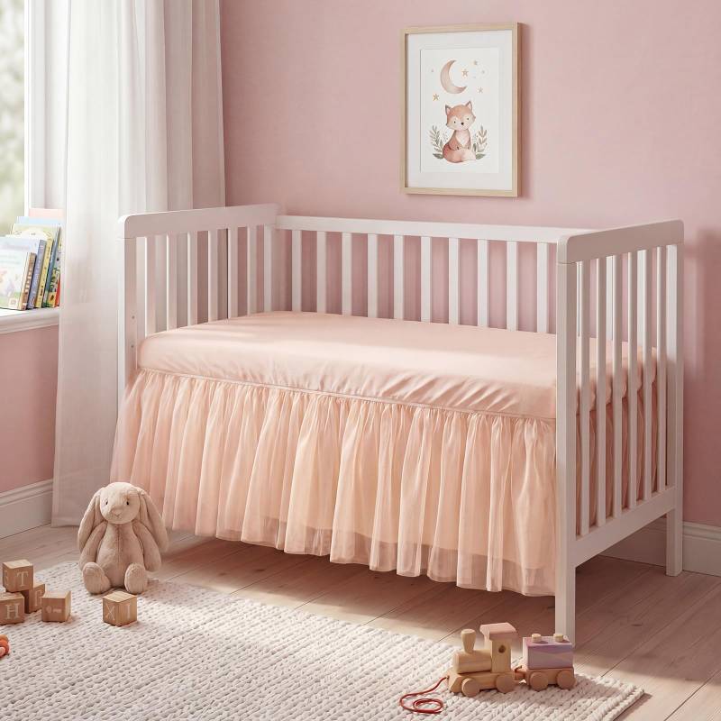 lot 38614 image: Pink Lace Crib Bed Skirts for Girls Dust Ruffle Bed Skirt with Selastic Band, Fits 28x 52 with 14 Drop Crib Bedding Skirt for Girls Boys Nursery Toddler - Retail $19
