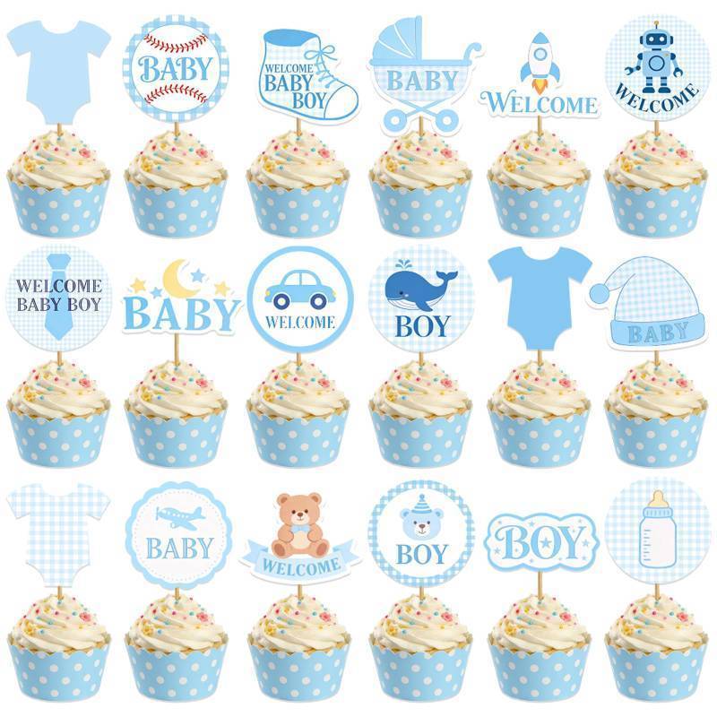 lot 72979 image: Welcome Baby Boy Cupcake Toppers - 36 Pcs Blue Baby Shower Cupcake Decorations for Boy, Gender Reveal Party Supplies, Little Bear Rocket Robot Baseball Baby Boy First Birthday Party Favors - Retail $7