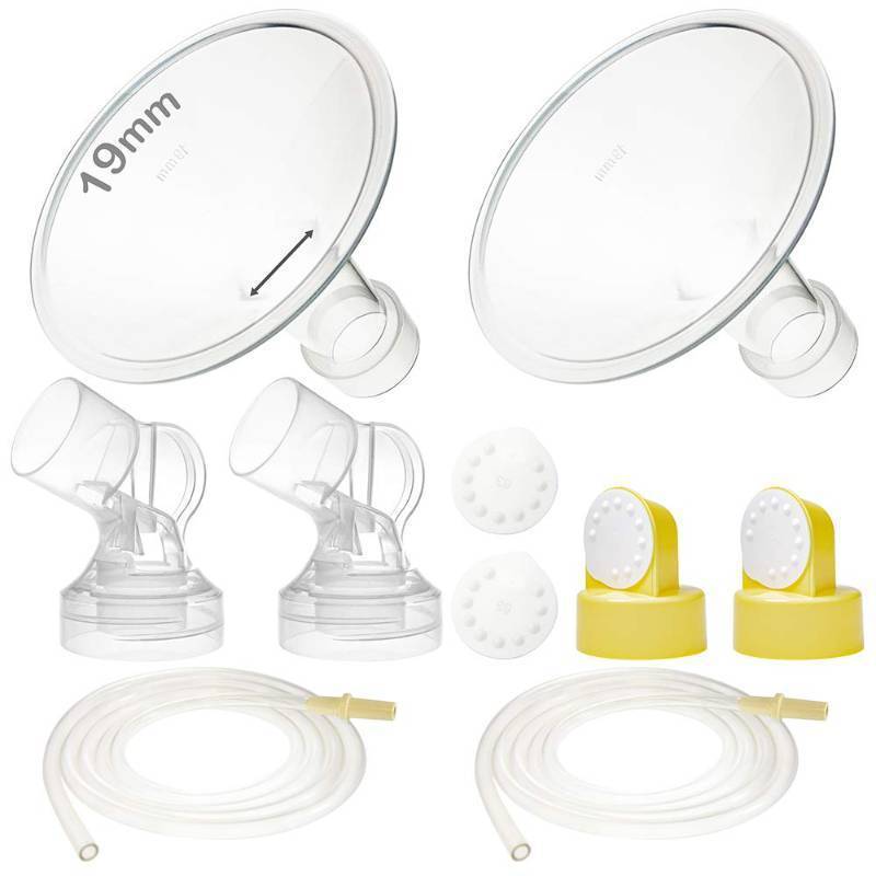 lot 73046 image: Pump Parts with 19mm Flanges Compatible with Medela Pump in Style Parts Accessories Breast Pump Not Original Medela Pump Parts Incl. 19mm Flange Breastshield Connector Valve Membrane Tubing - Retail $20