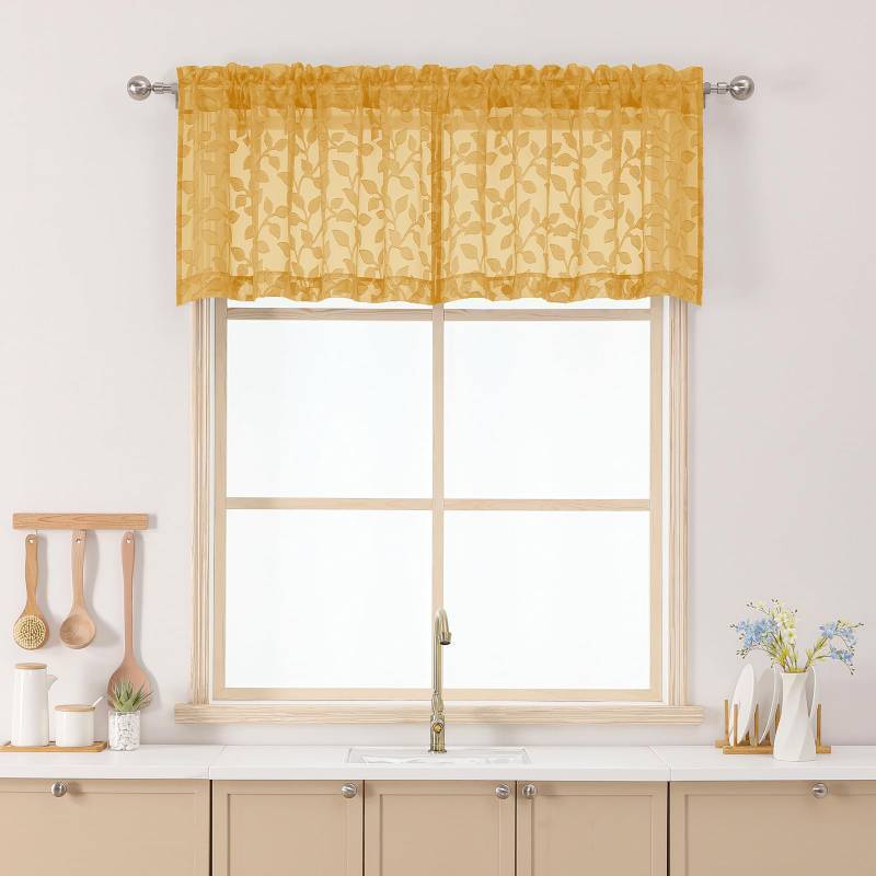 lot 17805 image: Gold Sheer Valances for Windows 18 Inch Length 2 Pcs, Light Filtering Leaf Textured Cafe Short Kitchen Curtains, Top Small Curtain for Living Room Bedroom Basement, 42 W x 18 L - Retail $10