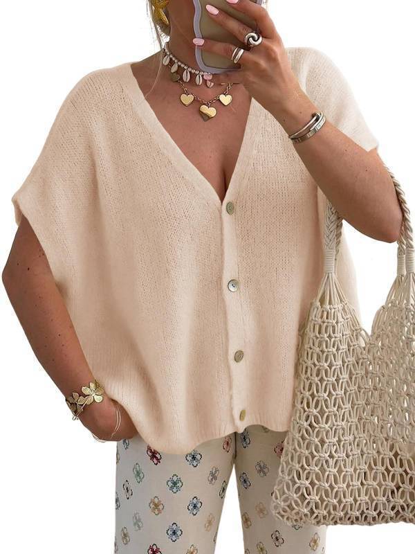lot 17860 image: Womens Summer Oversized Cardigans Batwing Short Sleeve Lightweight Button V Neck Casual Knit Sweater Tops Apricot (xl) - Retail $22