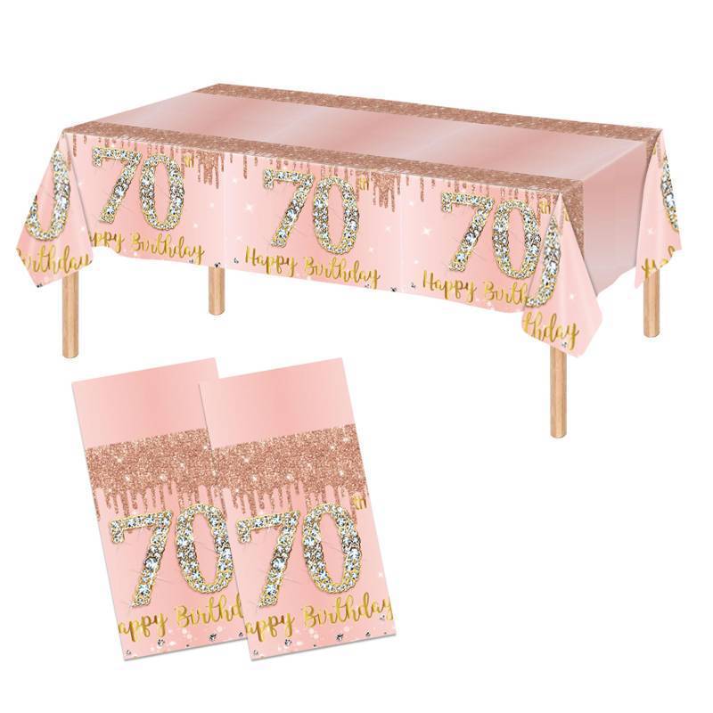lot 17945 image: 2PCS Pink Rose Gold 70th Birthday Tablecloth 70th Birthday Table Cover Party Supplies Happy 70st Party Decorations for Women Plastic Disposable Gathering Table Cloth (54x108) - Retail $12