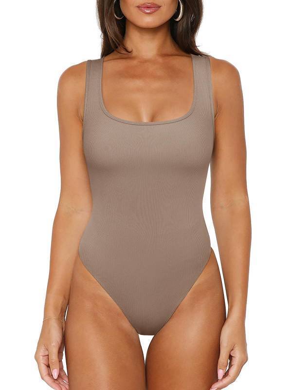 lot 17980 image: Tank Top Bodysuits for Women Ribbed Scoop Neck Sleeveless Slimming Basic Body Suit Tops Going Out Outfits 2026 Summer Khaki Medium (White stain) - Retail $23