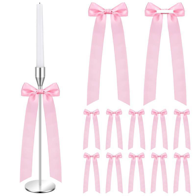 lot 18049 image: 12 Pcs Pink Candlestick Bows Decor 13 Inch Large Coquette Decorations Bows for Table Self Adhesive Candle Holder Gift Wrapping Wedding Bridal Shower Bachelorette Party Centerpieces - Retail $13