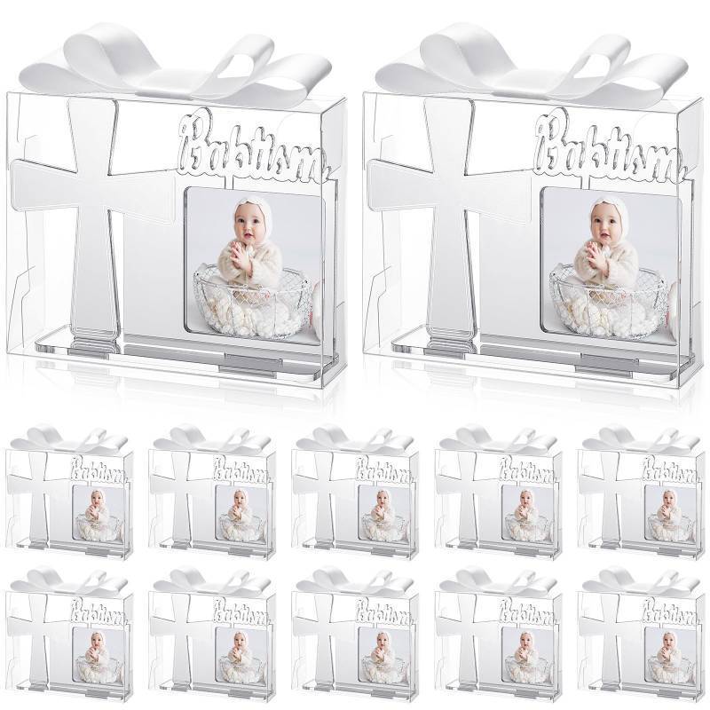 lot 73241 image: 12 Set Baptism Picture Frame Recuerdos De Bautizo Gifts for Girls 3.5 x 5 in Acrylic Baptism Photo Frame Favors Supplies with Gift Box and Satin Ribbon Bow for Baby Shower Religious - Retail $33