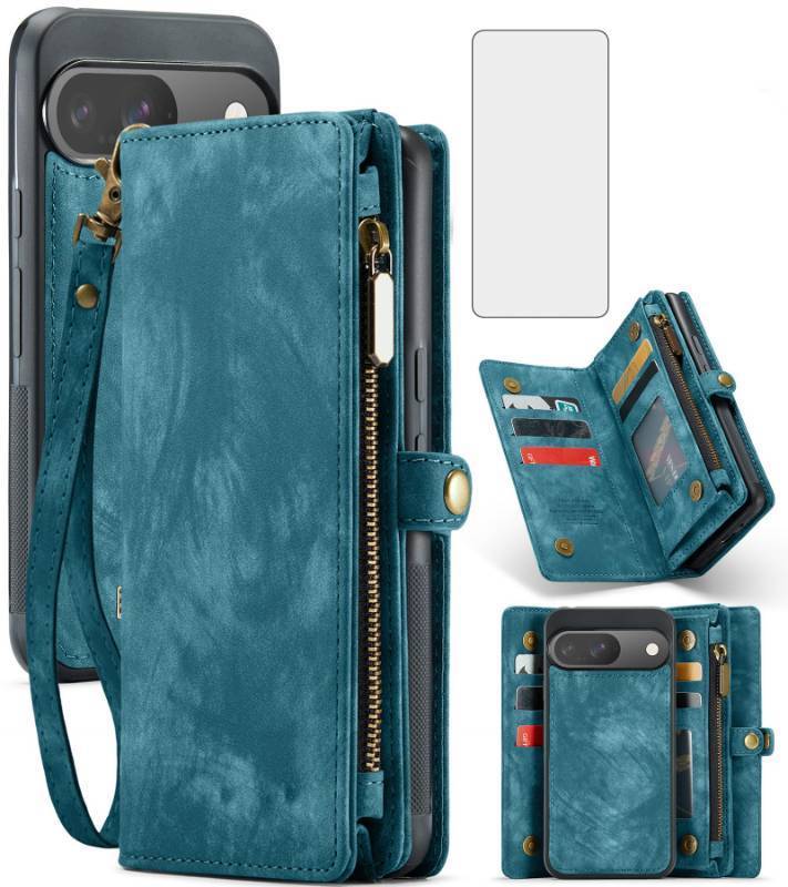 lot 73277 image: Phone Case for Google Pixel 99 Pro 5G Zipper Wallet Detachable Cover with Tempered Glass Screen Protector and Leather Flip Credit Card Holder Cell Accessories Pixel9 9Pro Nine Women Men Blue - Retail $27
