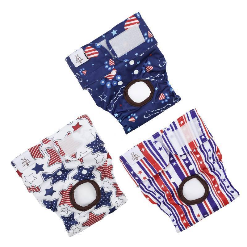 lot 73280 image: CuteBone Dog Diapers Female Washable Small Medium Large 3 Pack Reusable Doggie Diapers 4th of July Puppy Period Pants for Doggy Heat Cycle Peeing - Retail $31