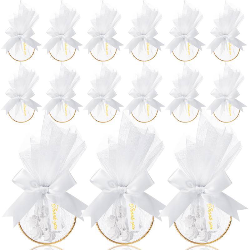 lot 73286 image: 50 Pcs 5.9  2.7in Wedding Favor Bags DIY Party Candy Favors Pouches Party Favors for Guests for Wedding Bridal Shower Baby Shower Birthday Party Decoration (White) only gold rings, some broken pieces  - Retail $17
