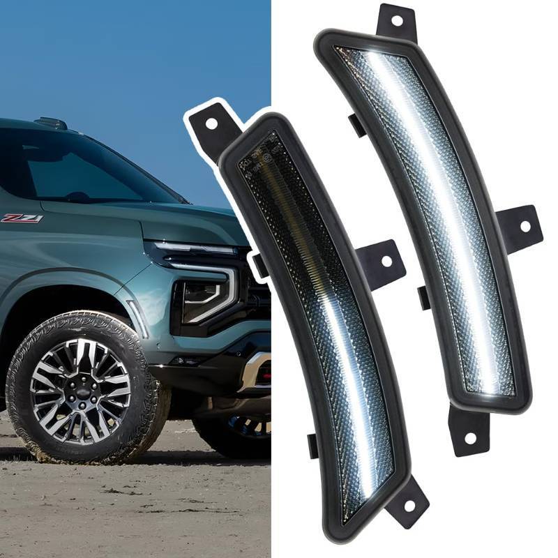 lot 73304 image: 2pcs Yukon LED Side Marker Light Fit 2025 2026 Chevy Tahoe GMC Yukon XL Suburban Front Bumper Fender Sidemarker Lamp Xenon White Escalade ESV Full LED Turn Signal Light Kit Smoke Lens Assembly - Retail $65