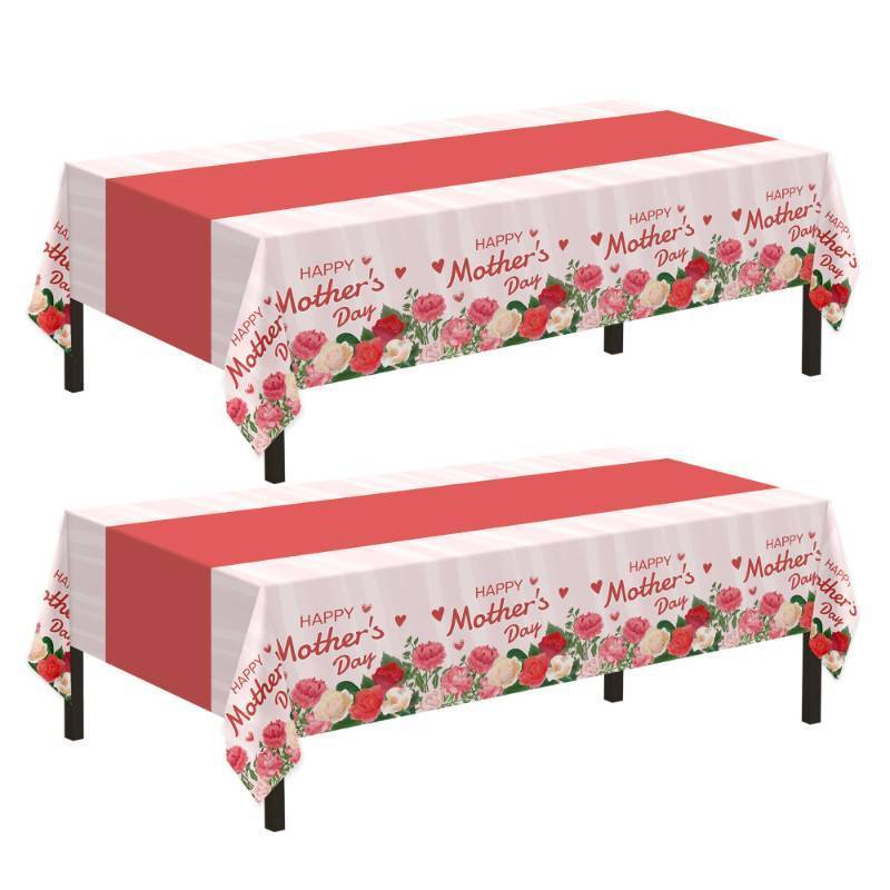 lot 73318 image: 2 Pack Mothers Day Tablecloth,Mothers Day Party Decorations,54 x 108 Plastic Disposable Tablecloths for Rectangle,Plastic Table Covers for Mom Birthday Party Supplies Holiday Buffet Table - Retail $7