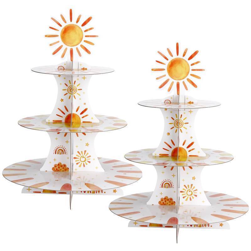 lot 73331 image: 2 Set 3 Tier First Trip Around The Sun Cardboard Cupcake Stand for 24 Sunshine Cupcake Tier Stand Dessert Tower Holder for Birthday Party Baby Shower Decoration - Retail $17