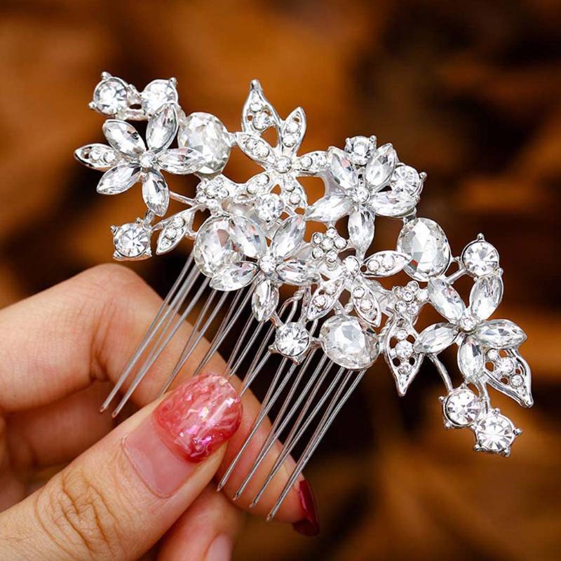 lot 73377 image: Crystal Bride Wedding Hair Comb Silver Flower Bridal Headpieces Leaf Hair Pieces Rhinestone Bridesmaid Side Combs Hair Accessories for Women (crystal silver) 2pcs  - Retail $9