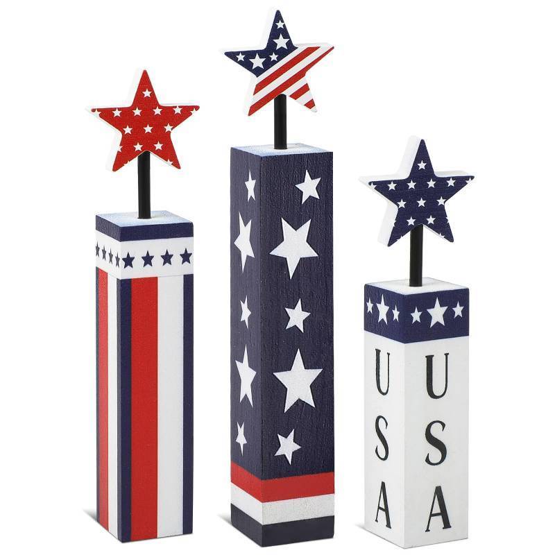 lot 73391 image: 4th of July Decorations Set, Red White Blue Decor, Wooden Patriotic Memorial Day Tiered Tray Decor, Labor Day Decorations, Fourth of July Decoration for Home Office Table (Flag Printed) missing 1 star - Retail $20