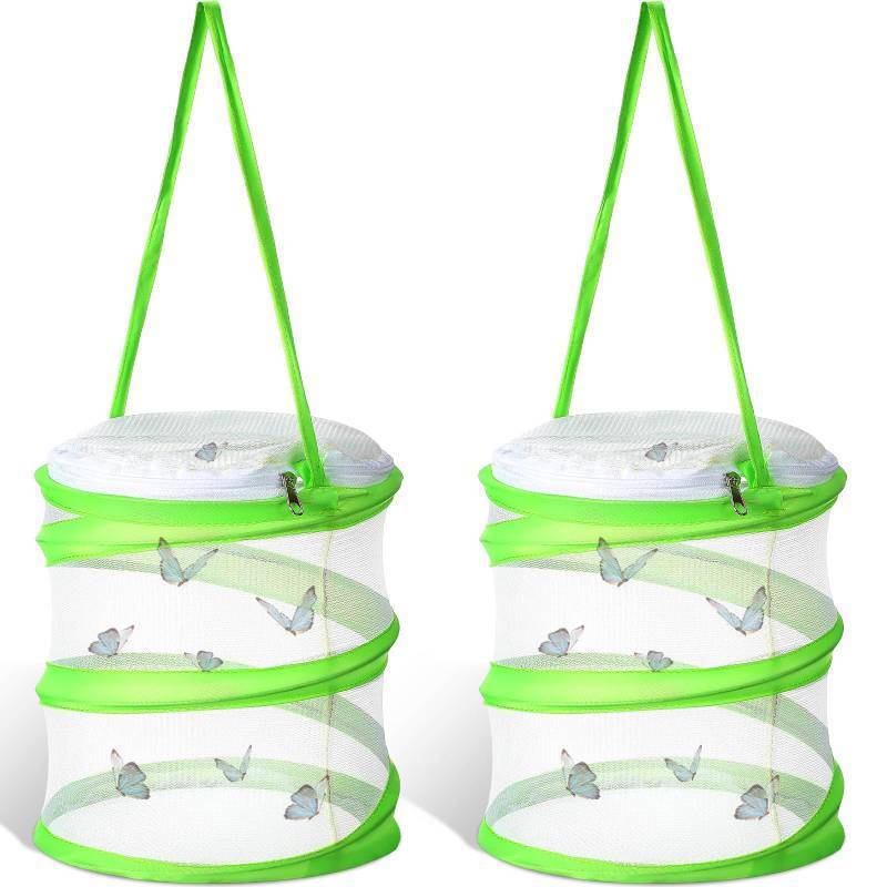 lot 73399 image: 2 Pcs Mini Butterfly Habitat Cage Clear Mesh Butterfly Net Cage Container Foldable Terrarium, 6.2x7.1inch (Green) - Retail $10