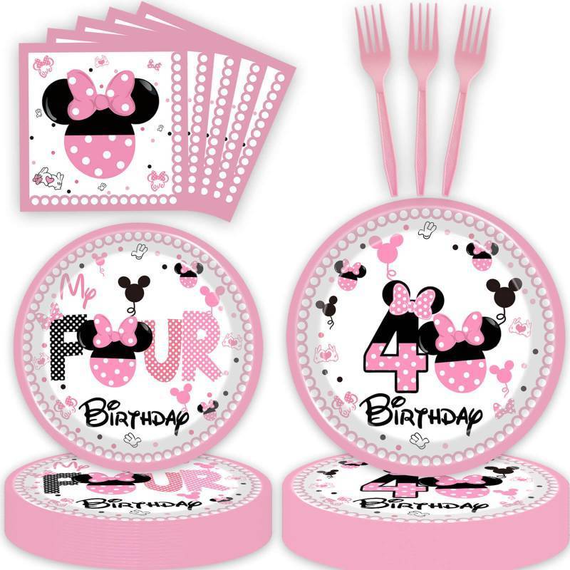 lot 73400 image: Pink 4th Birthday Decorations Girls Four Years Old Disposable Paper Plates Napkins Forks Dinnerware for Girls Fourth Birthday Party Supplies Decorations - Retail $17
