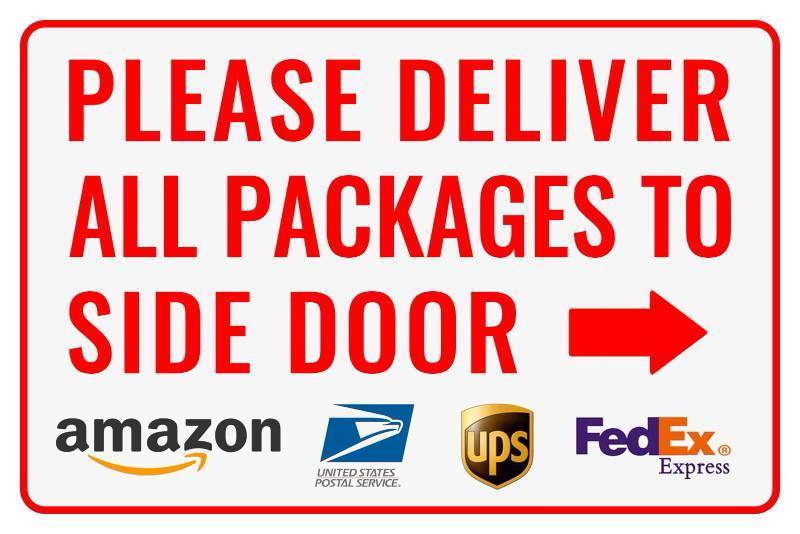lot 73407 image: Please Deliver All Packages to Side Door Right Arrow - Bestylez Delivery Sign for Outdoor Use 12  8 (149) - Retail $10