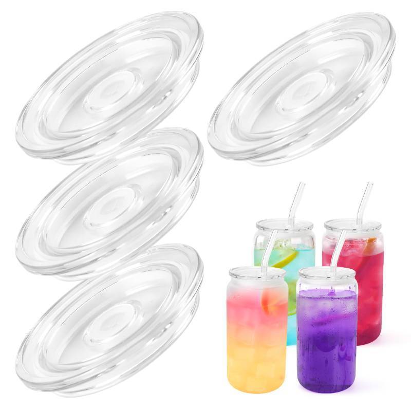 lot 73447 image: 4 Pack Acrylic Lids Fit for 16 oz Glass Cups with Straws, Replacement Lid for Drinking Beer Glasses with Bamboo Lids Iced Coffee Cups Cute Tumbler Cup (Clear) - Retail $9