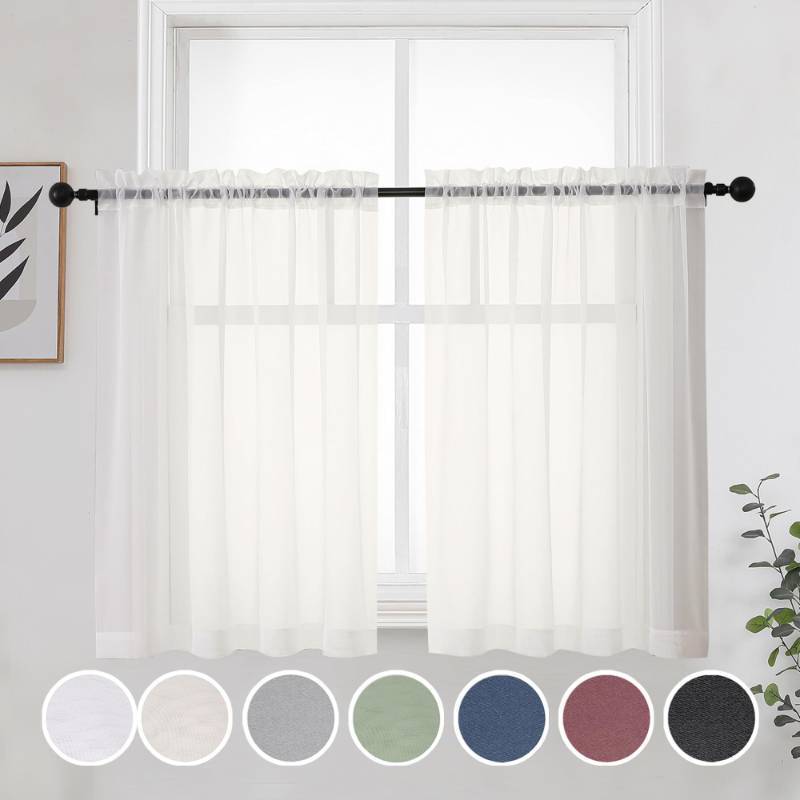 lot 73451 image: Short Sheer Curtains 30 Inches 2 Panels Set, Kitchen Tiers Light Filtering Rod Pocket Cafe Curtains for Kitchen Bathroom Small Half Window, 42 in W x 30 in L, Ivory - Retail $10