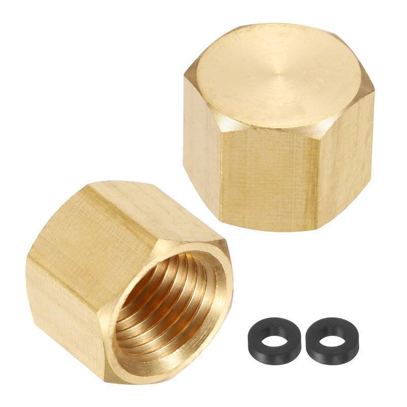 lot 73500 image: 2Pcs Brass Hex Head Compression Fitting Stop Valve Cap, 14 NPT Female Thread Pipe Fitting Cap Tubing Ends Sealing Cap with Gasket Gold Tone, 14 NPT (ID 716) - Retail $8
