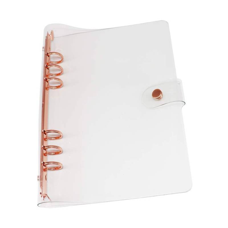 lot 73504 image: Personal A5 Transparent PVC Binder Cover Clear Soft PVC Notebook Shell Rose Gold 6 Rings Protector with Snap Button Closure Loose Leaf Folders (Personal A5, Clear Cover  Rose Gold Binder) - Retail $9