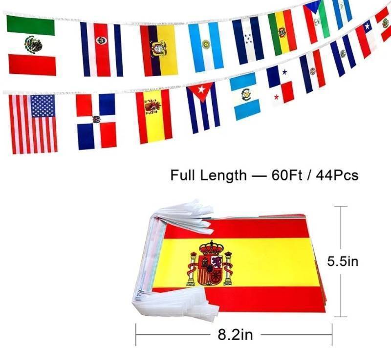 lot 27582 image: 2 Set 22 Spanish Language Speaking Countries Flags Banner String for Classroom Latin American Latino Bunting Flags,60 Feet - Retail $10