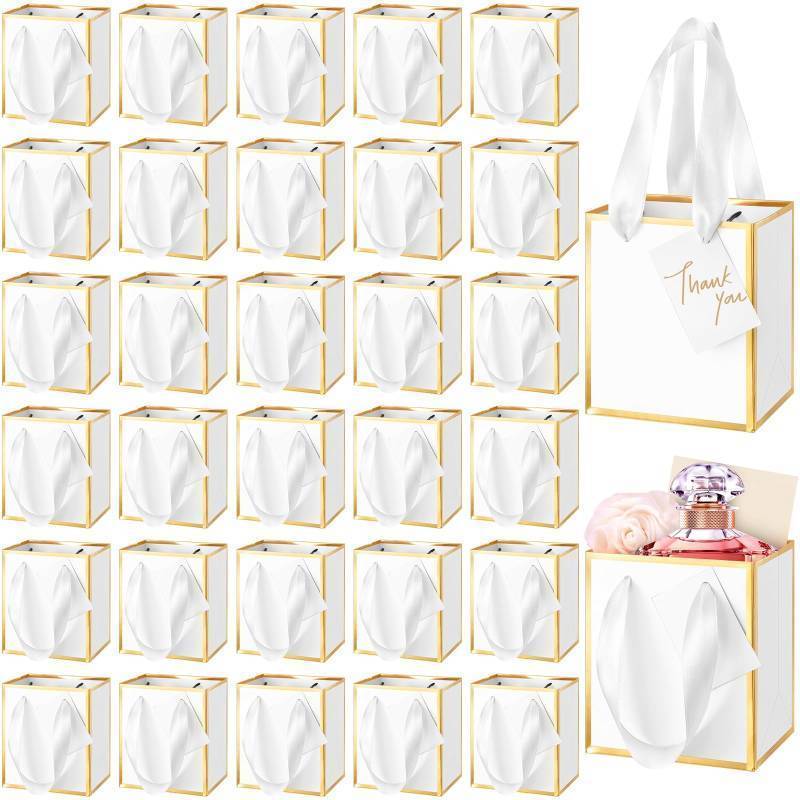 lot 38489 image: 25 Pcs Mini Metallic Paper Gift Bags with Handles 4x2.75x4.5 Tiny Small Gift Bags with Thank You Tag for Wedding Graduation Birthday Party Return Gifts Jewelry Business (White,Gold) - Retail $16