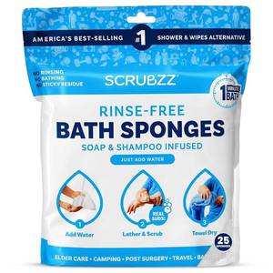 lot 542 image: Scrubzz Disposable Rinse-Free Bathing Wipes, 25 Pack