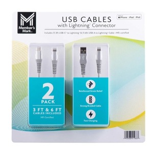 lot 605 image: 2 Pack Members Mark Apple USB Lightning 3ft and 6ft Cables